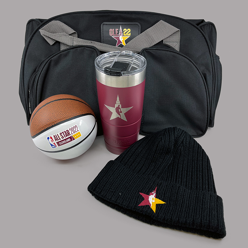 All Star Branded Gift Items: duffle bag, tumbler, mini basketball and knit hat